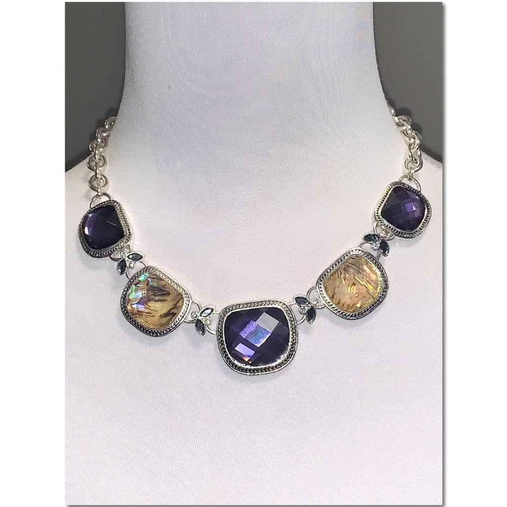 Baskin Bros Silver Purple and Yellow Crystal Statement Necklace EUC